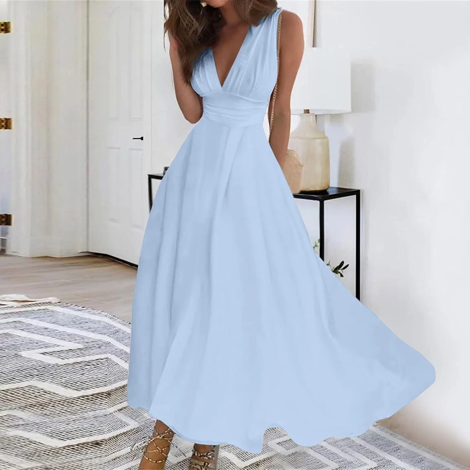 Womens Dresses Sleeveless Floral Print Maxi Dress Flowy Ruched Wrap V Neck Beach Dresses Trendy Sundress