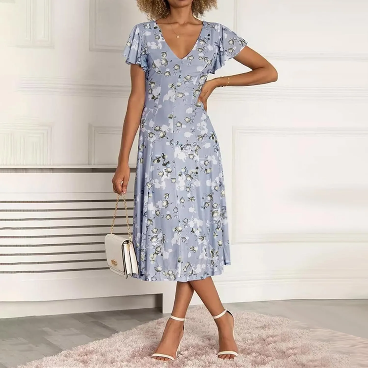 Womens Dresses Spring Summer Swing Casual Fitted Maxi Dresses for Women 2025 Ruffle Short Sleeve
