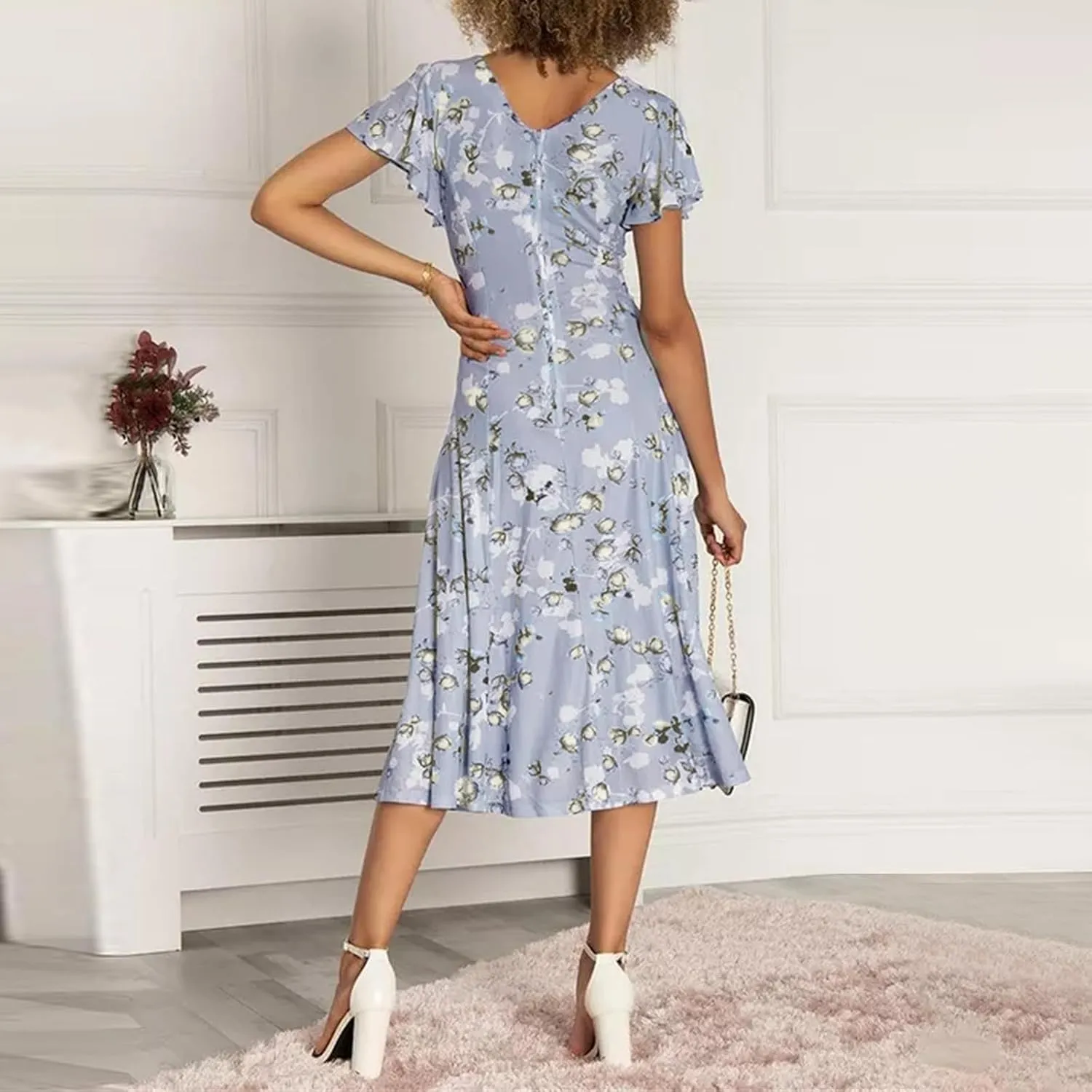 Womens Dresses Spring Summer Swing Casual Fitted Maxi Dresses for Women 2025 Ruffle Short Sleeve
