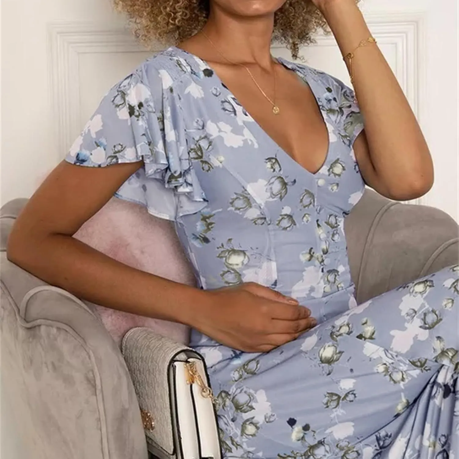 Womens Dresses Spring Summer Swing Casual Fitted Maxi Dresses for Women 2025 Ruffle Short Sleeve
