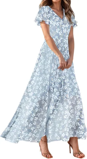 Womens Dresses Swing Maxi Dresses for Women Swing Flowy Ruffle Hem Ruffle Short Sleeve Womens