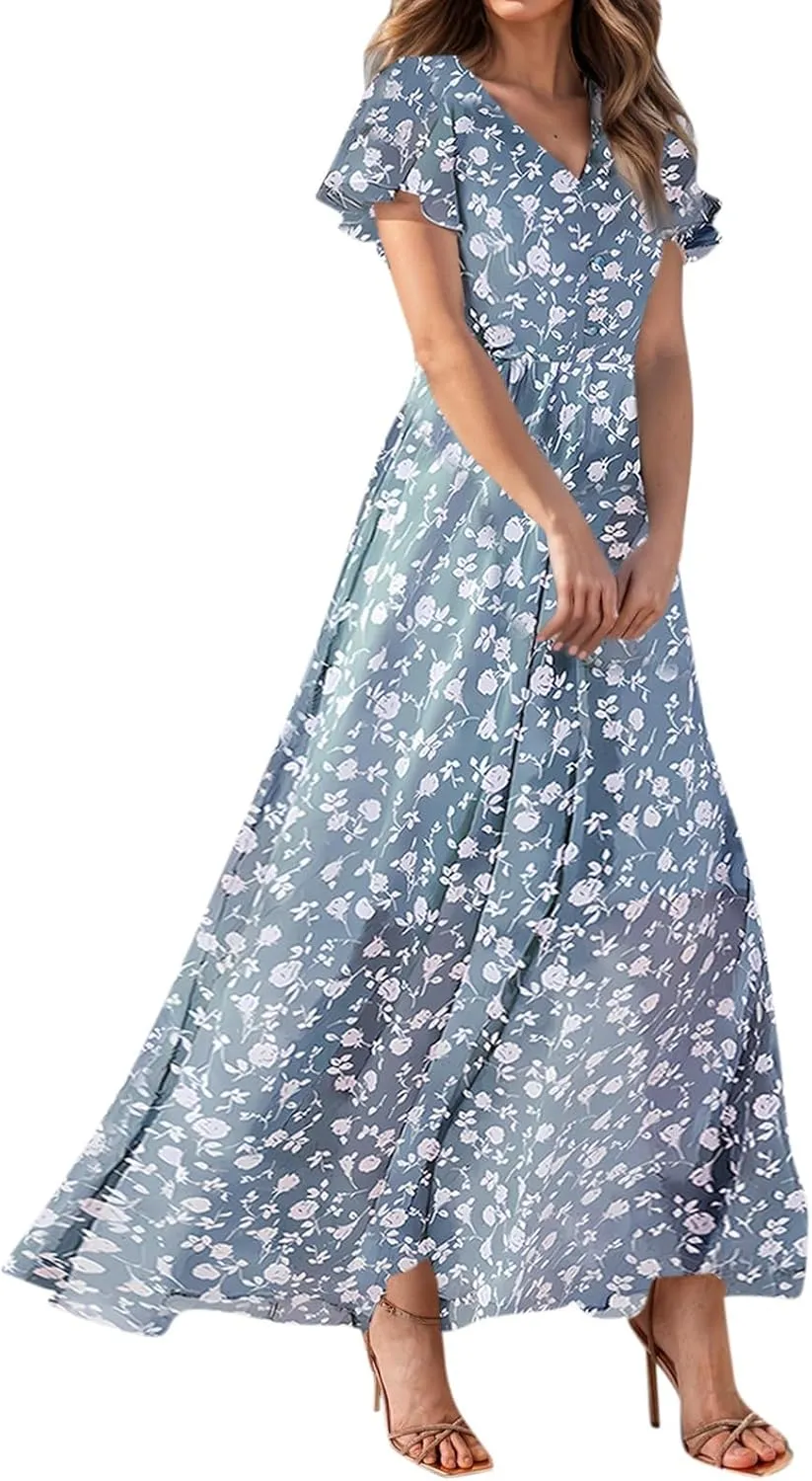 Womens Dresses Swing Maxi Dresses for Women Swing Flowy Ruffle Hem Ruffle Short Sleeve Womens