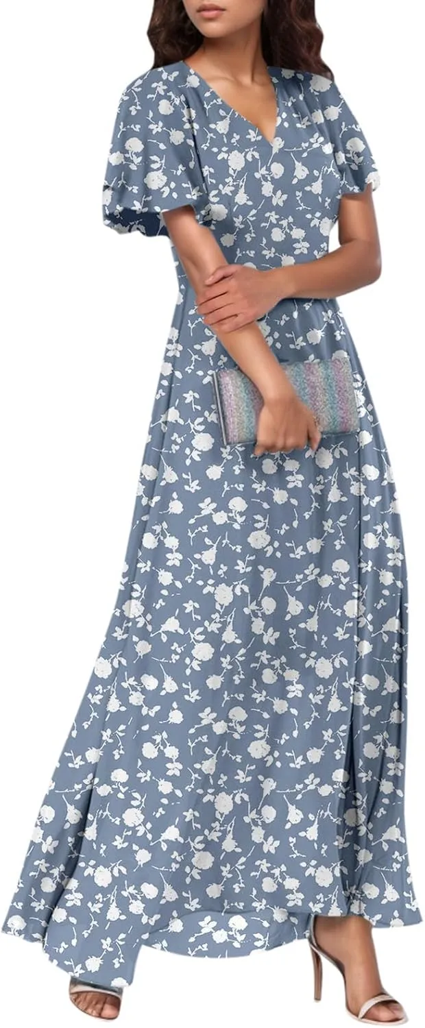 Womens Dresses Swing Maxi Dresses for Women Swing Flowy Ruffle Hem Ruffle Short Sleeve Womens