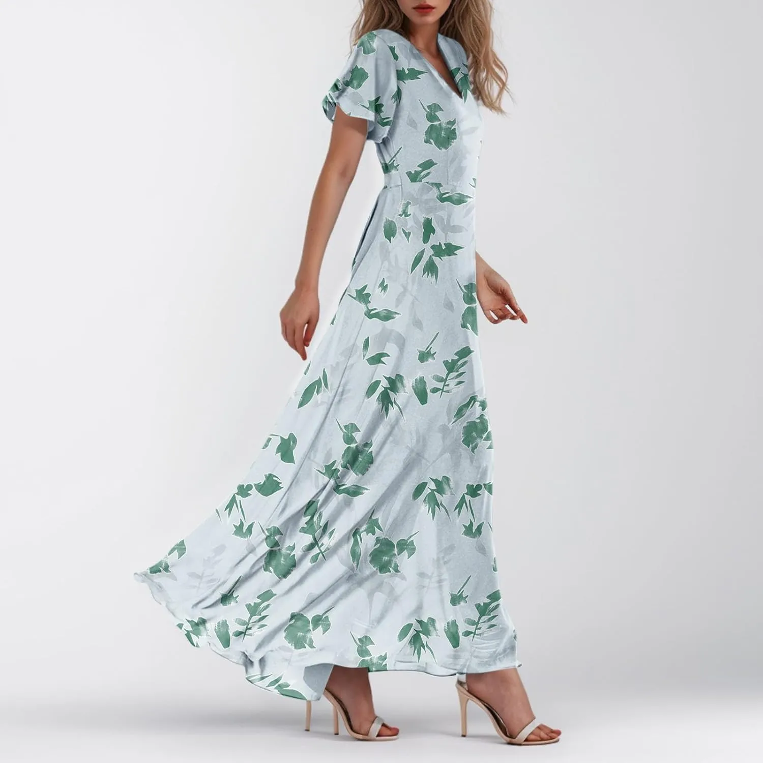 Womens Dresses Swing Maxi Dresses for Women Swing Flowy Ruffle Hem Ruffle Short Sleeve Womens