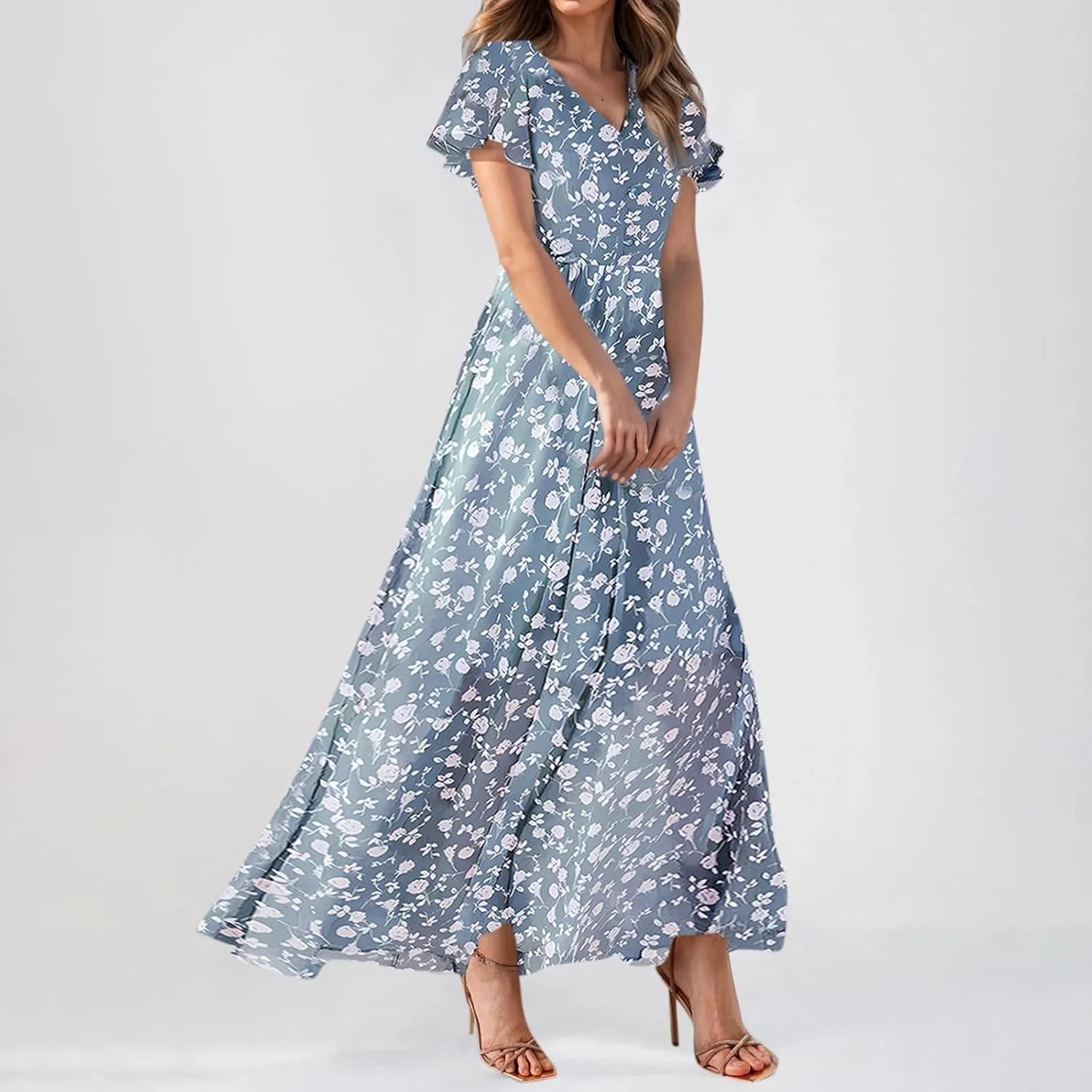 Womens Dresses Swing Maxi Dresses for Women Swing Flowy Ruffle Hem Ruffle Short Sleeve Womens