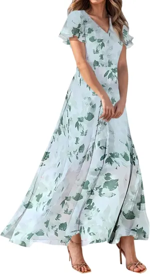 Womens Dresses Swing Maxi Dresses for Women Swing Flowy Ruffle Hem Ruffle Short Sleeve Womens