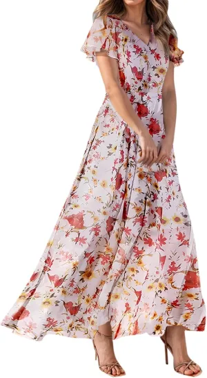 Womens Dresses Swing Maxi Dresses for Women Swing Flowy Ruffle Hem Ruffle Short Sleeve Womens
