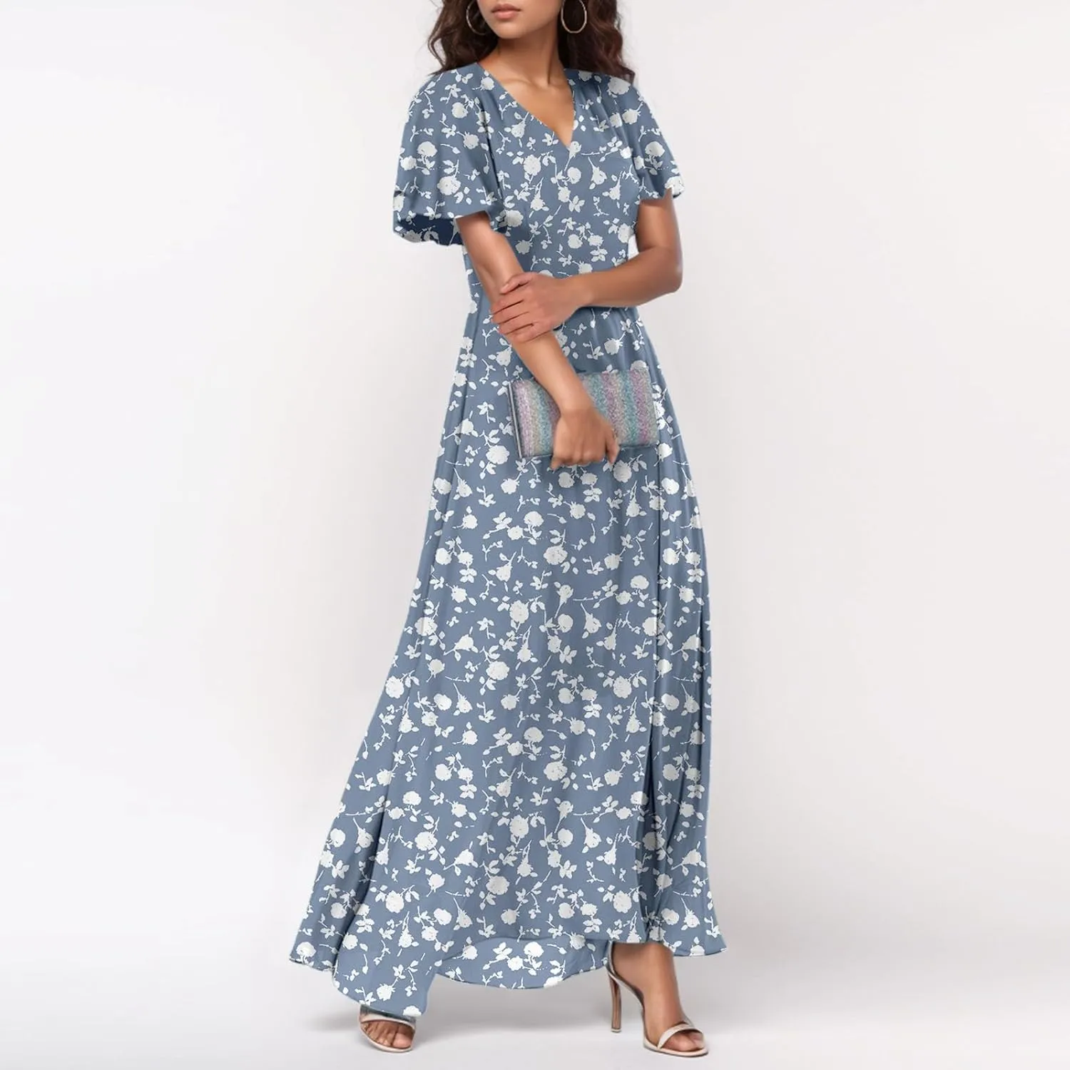 Womens Dresses Swing Maxi Dresses for Women Swing Flowy Ruffle Hem Ruffle Short Sleeve Womens