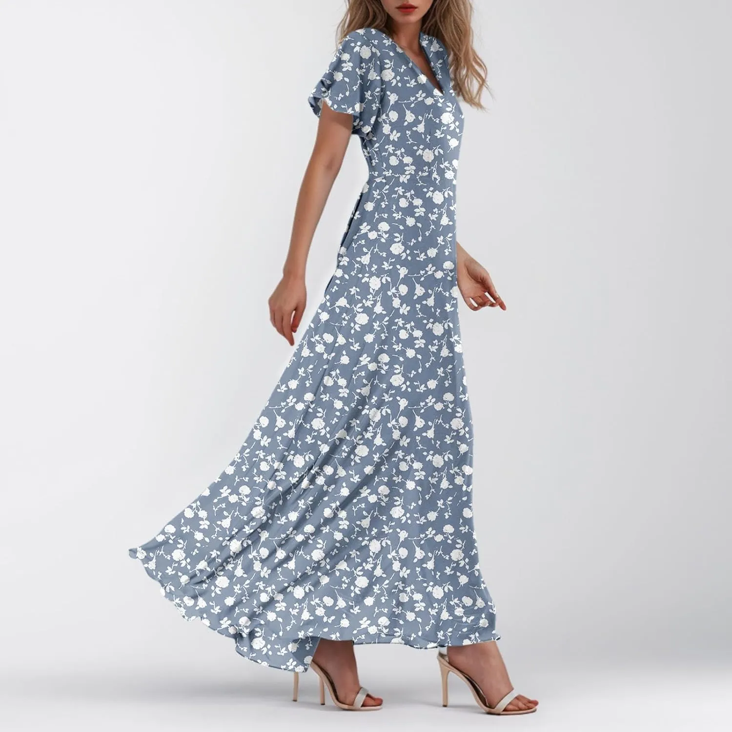 Womens Dresses Swing Maxi Dresses for Women Swing Flowy Ruffle Hem Ruffle Short Sleeve Womens