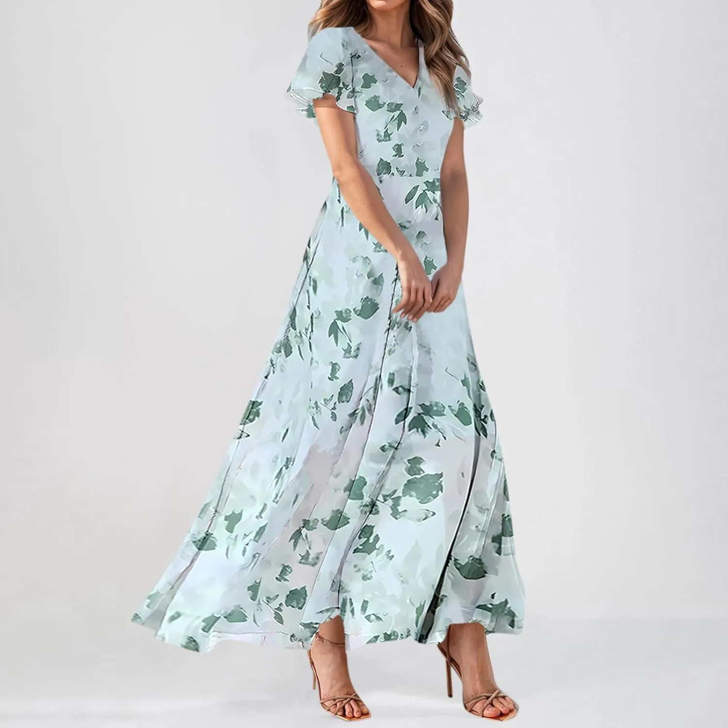 Womens Dresses Swing Maxi Dresses for Women Swing Flowy Ruffle Hem Ruffle Short Sleeve Womens