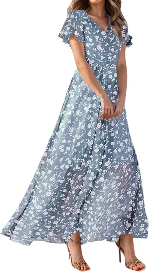 Womens Dresses Swing Maxi Dresses for Women Swing Flowy Ruffle Hem Ruffle Short Sleeve Womens