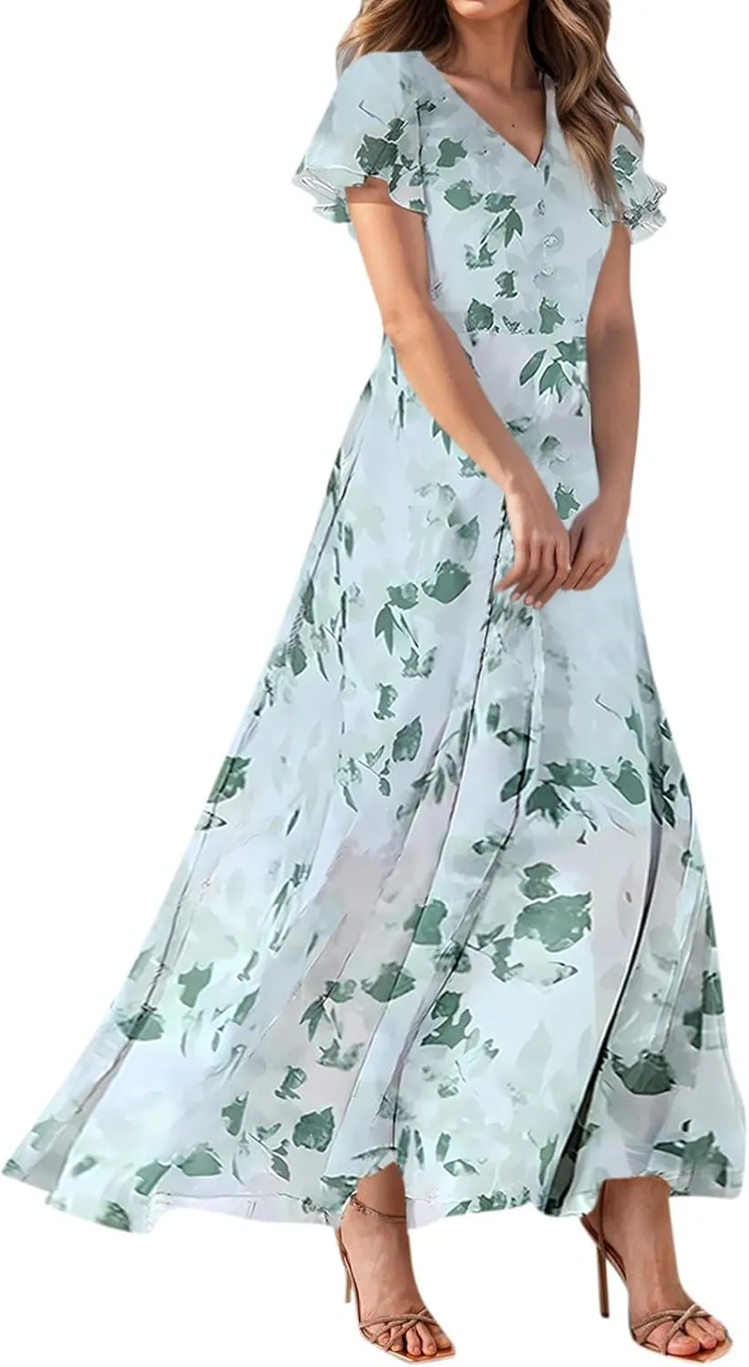 Womens Dresses Swing Maxi Dresses for Women Swing Flowy Ruffle Hem Ruffle Short Sleeve Womens