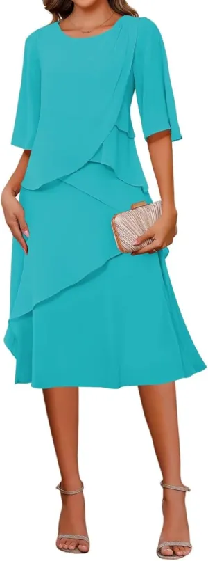 Women's Elegant Mother of The Bride Dresses for Wedding Short Sleeve Ruffles Chiffon Formal Evening Dress