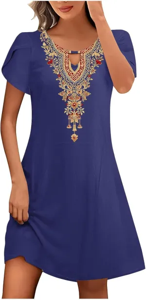Women's Embroidered Mexican Dresses 2024 Summer Short Sleeve Mini Dress Trendy Casual Loose Flowy Beach Sun Dresses