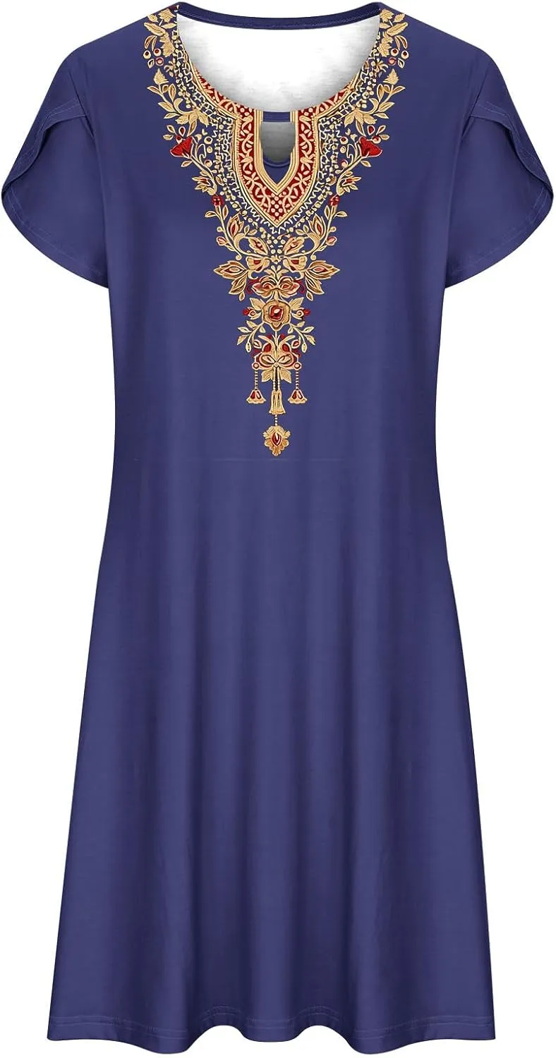 Women's Embroidered Mexican Dresses 2024 Summer Short Sleeve Mini Dress Trendy Casual Loose Flowy Beach Sun Dresses