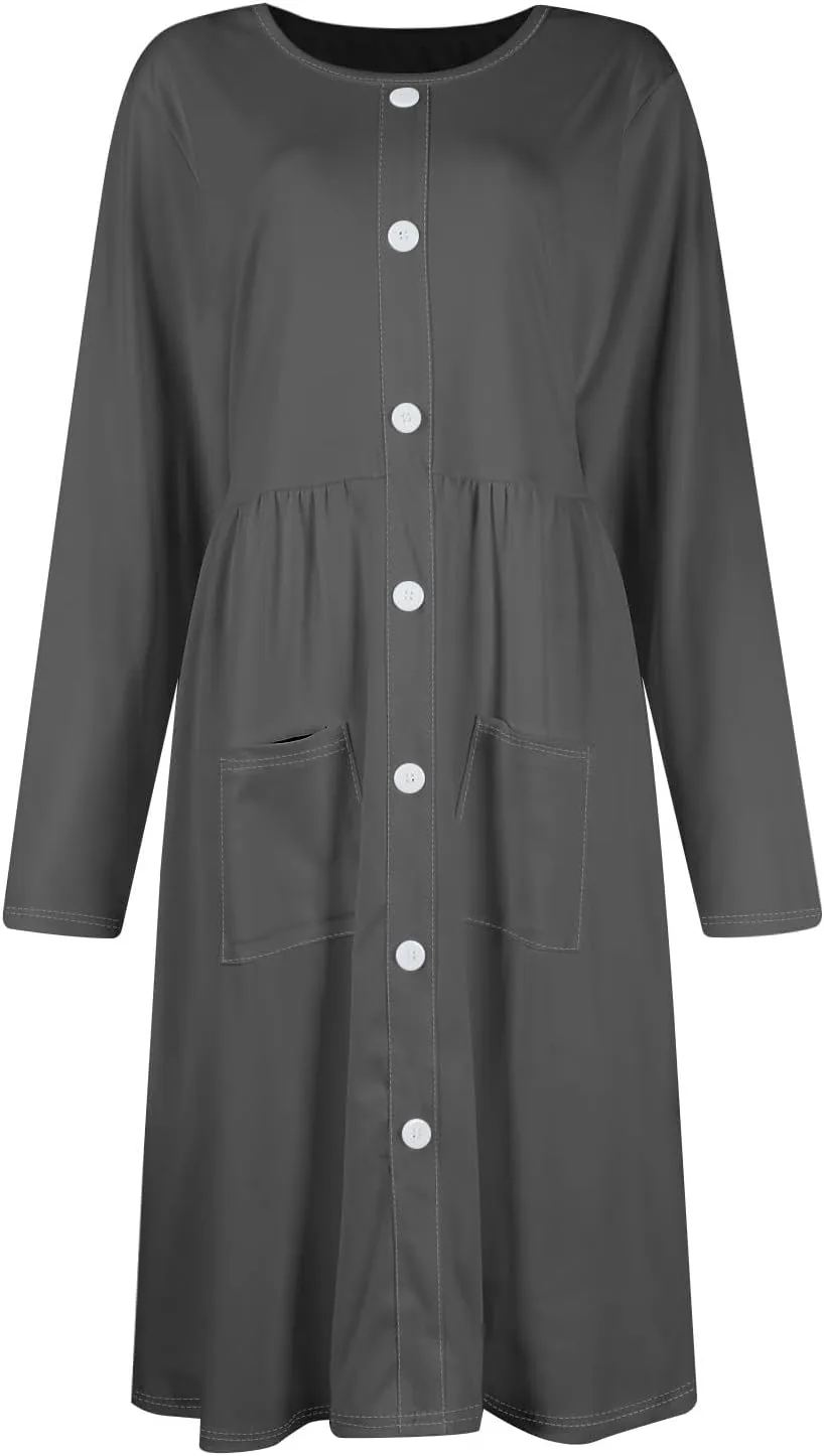Women's Fall Trendy Long Sleeve Button Stripe Solid Pleated Dress with Pockets