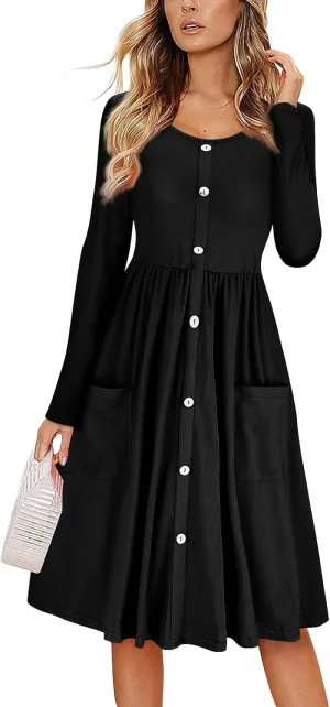 Women's Fall Trendy Long Sleeve Button Stripe Solid Pleated Dress with Pockets