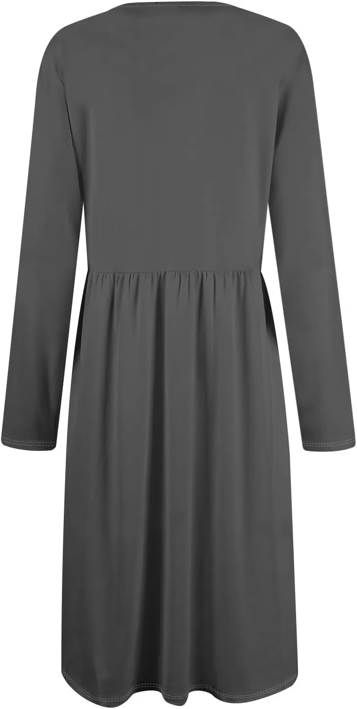 Women's Fall Trendy Long Sleeve Button Stripe Solid Pleated Dress with Pockets