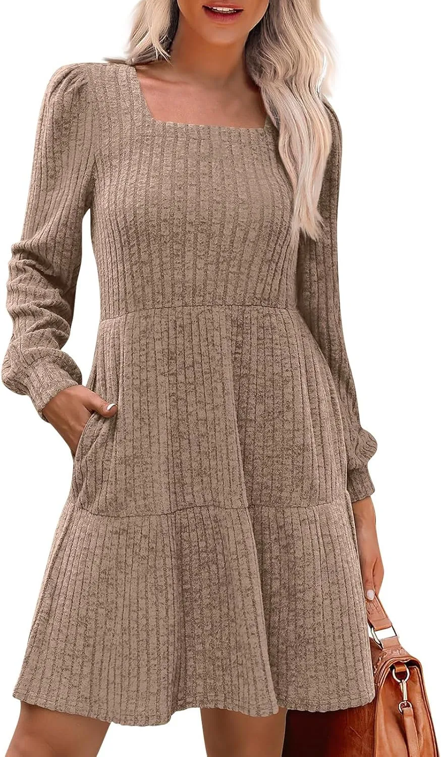 Women's Fall Winter Casual Trendy Square Neck Long Sleeve Flowy Dress Plus Size, S-2XL