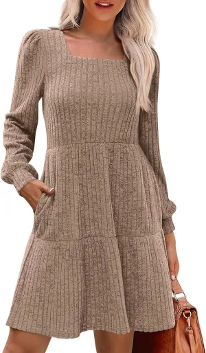 Women's Fall Winter Casual Trendy Square Neck Long Sleeve Flowy Dress Plus Size, S-2XL