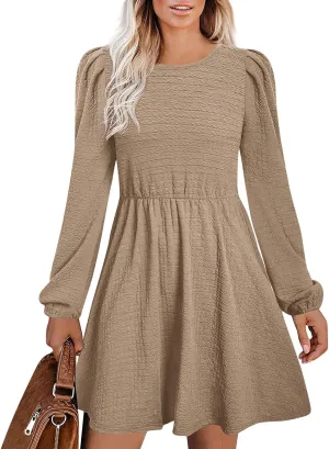 Women's Fall Winter Casual Trendy Square Neck Long Sleeve Flowy Dress Plus Size, S-2XL