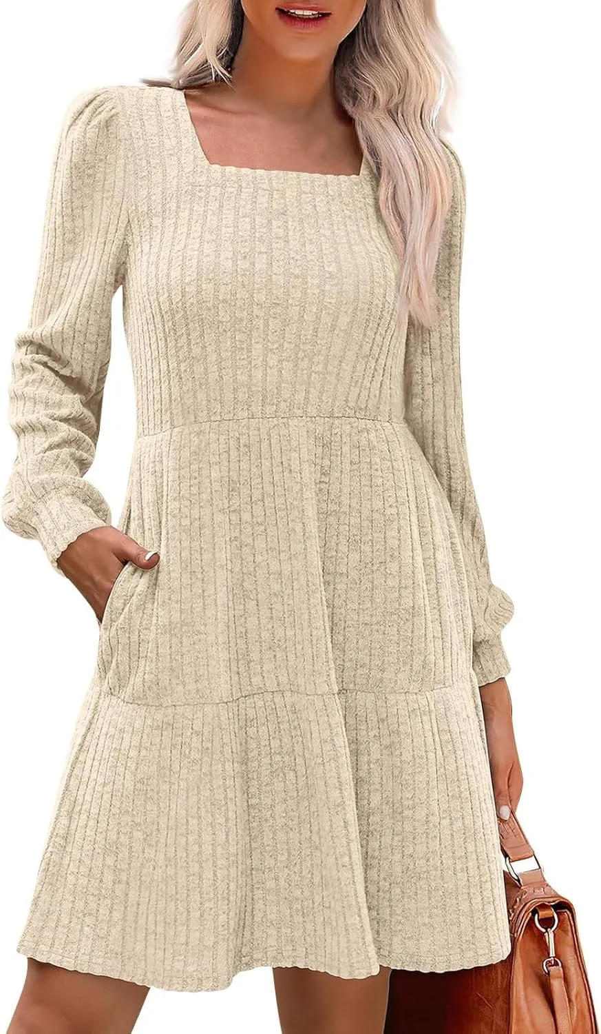 Women's Fall Winter Casual Trendy Square Neck Long Sleeve Flowy Dress Plus Size, S-2XL