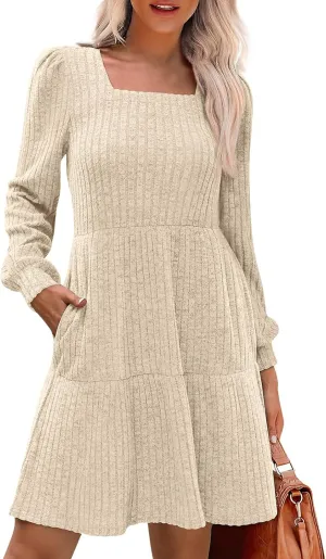 Women's Fall Winter Casual Trendy Square Neck Long Sleeve Flowy Dress Plus Size, S-2XL