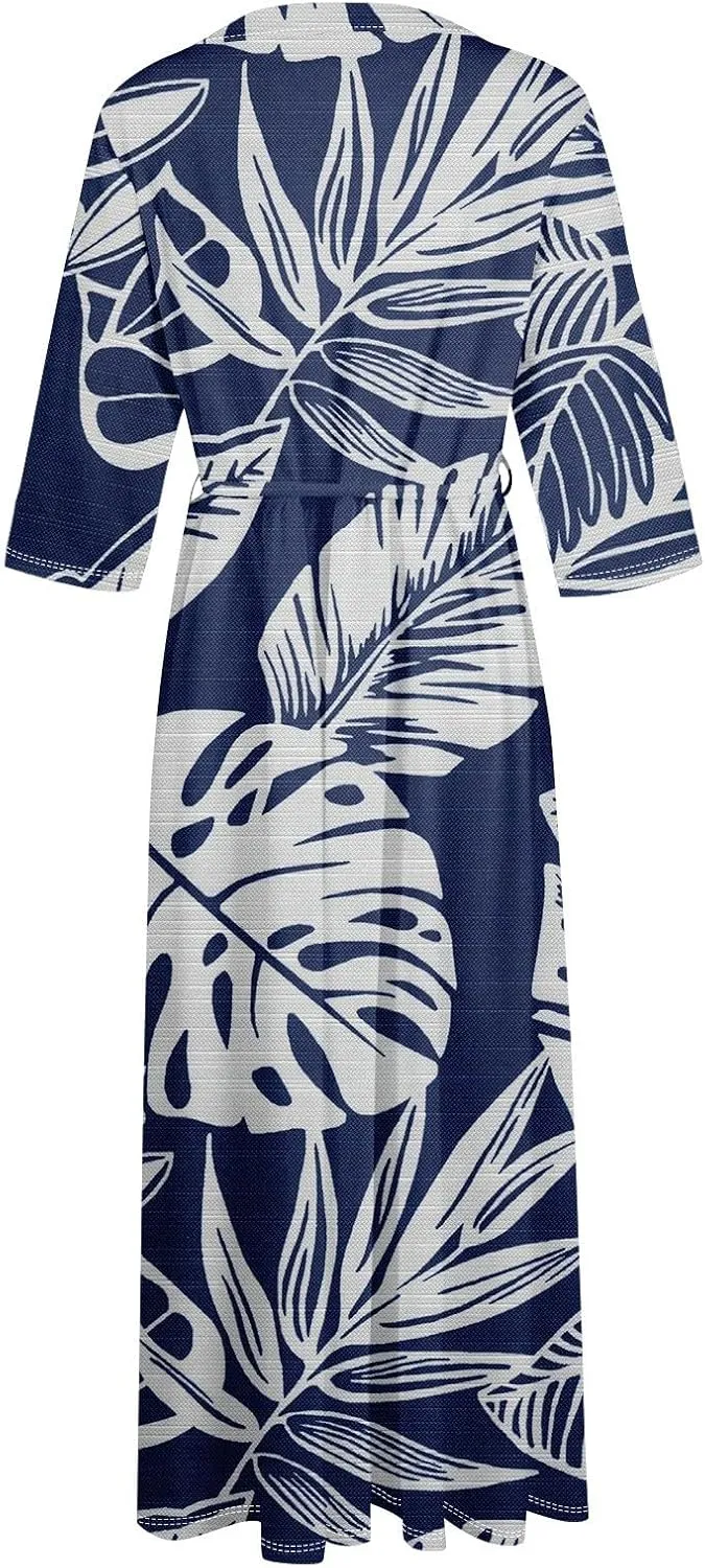 Women's Fashion Vintage Floral Print Lapel Button Three Quarter Sleeves Boho Dress 2024 Trendy Beach Sundress
