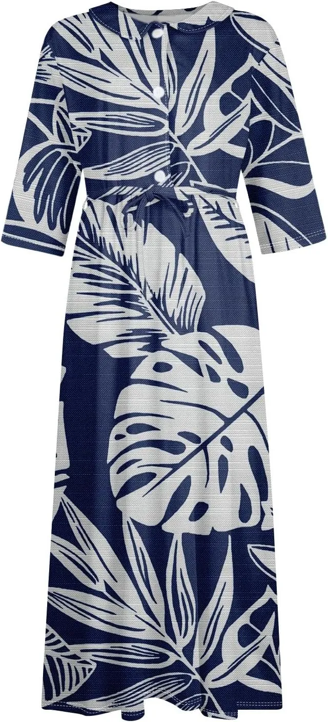 Women's Fashion Vintage Floral Print Lapel Button Three Quarter Sleeves Boho Dress 2024 Trendy Beach Sundress