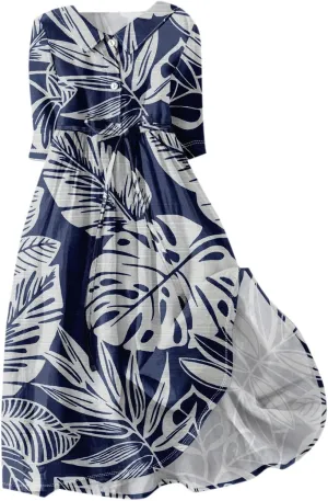 Women's Fashion Vintage Floral Print Lapel Button Three Quarter Sleeves Boho Dress 2024 Trendy Beach Sundress