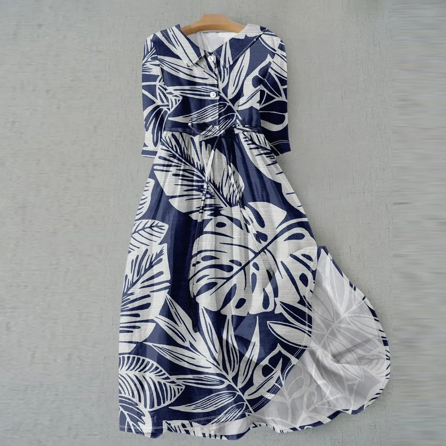 Women's Fashion Vintage Floral Print Lapel Button Three Quarter Sleeves Boho Dress 2024 Trendy Beach Sundress