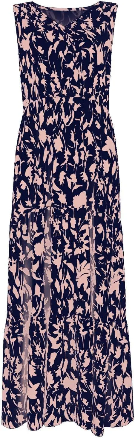 Womens Floral Maxi Dress V Neck Flowy Swing Summer A Line Dress Elastic Waist Sundress Elegant Wedding Guest Dresses