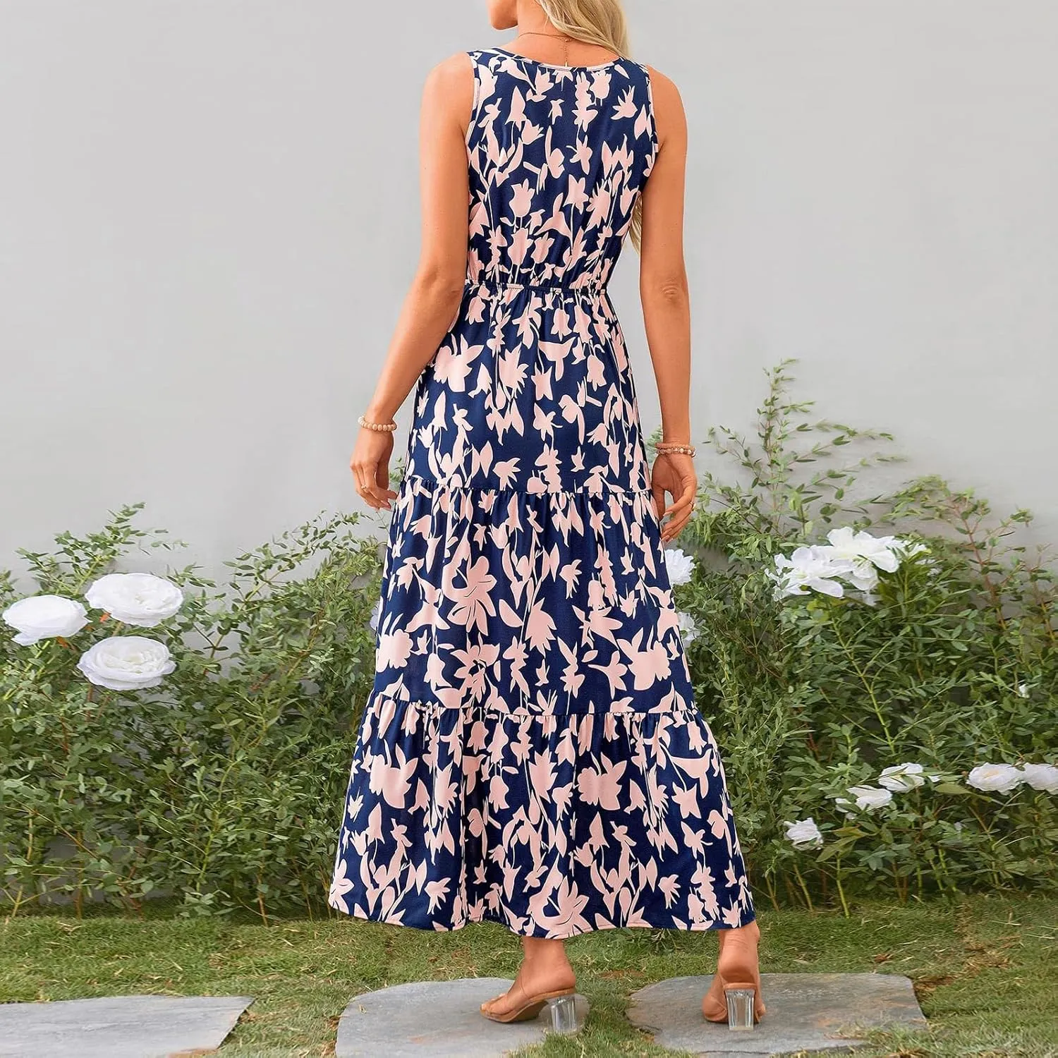 Womens Floral Maxi Dress V Neck Flowy Swing Summer A Line Dress Elastic Waist Sundress Elegant Wedding Guest Dresses