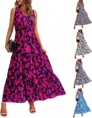 Womens Floral Maxi Dress V Neck Flowy Swing Summer A Line Dress Elastic Waist Sundress Elegant Wedding Guest Dresses