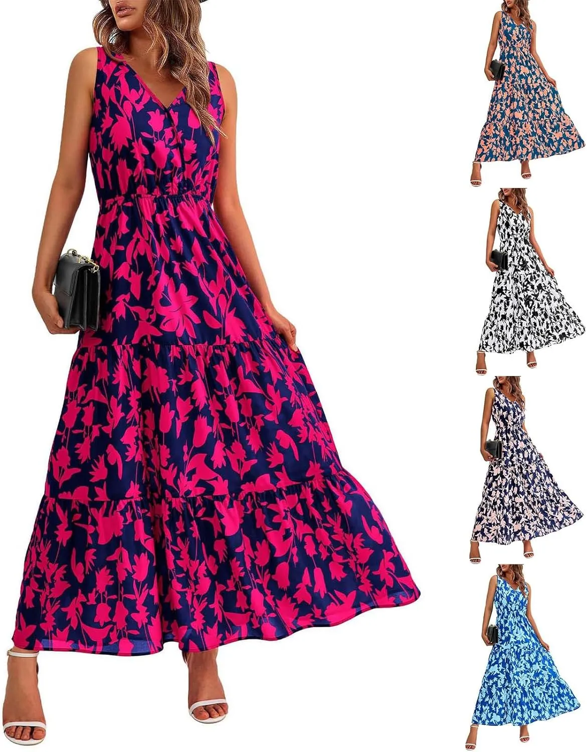 Womens Floral Maxi Dress V Neck Flowy Swing Summer A Line Dress Elastic Waist Sundress Elegant Wedding Guest Dresses