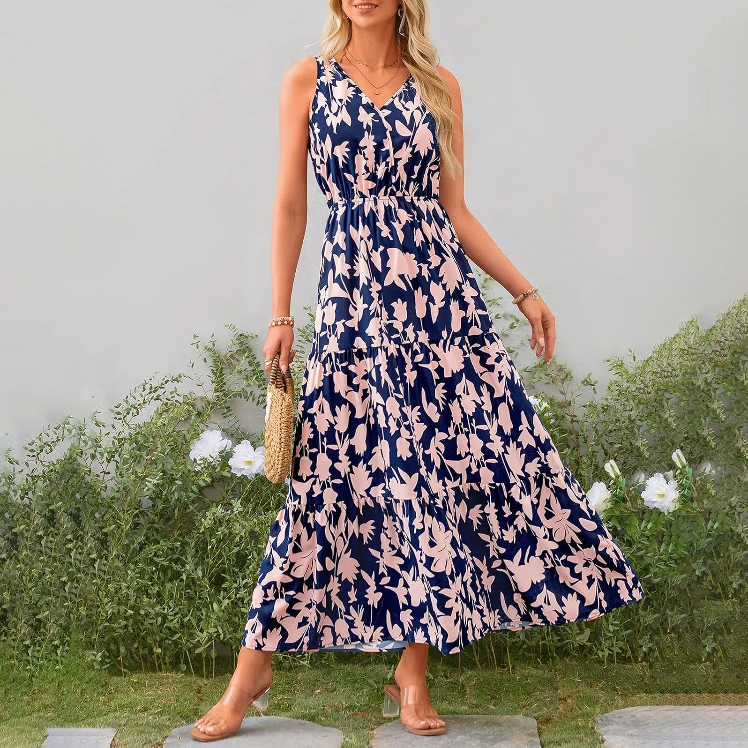Womens Floral Maxi Dress V Neck Flowy Swing Summer A Line Dress Elastic Waist Sundress Elegant Wedding Guest Dresses