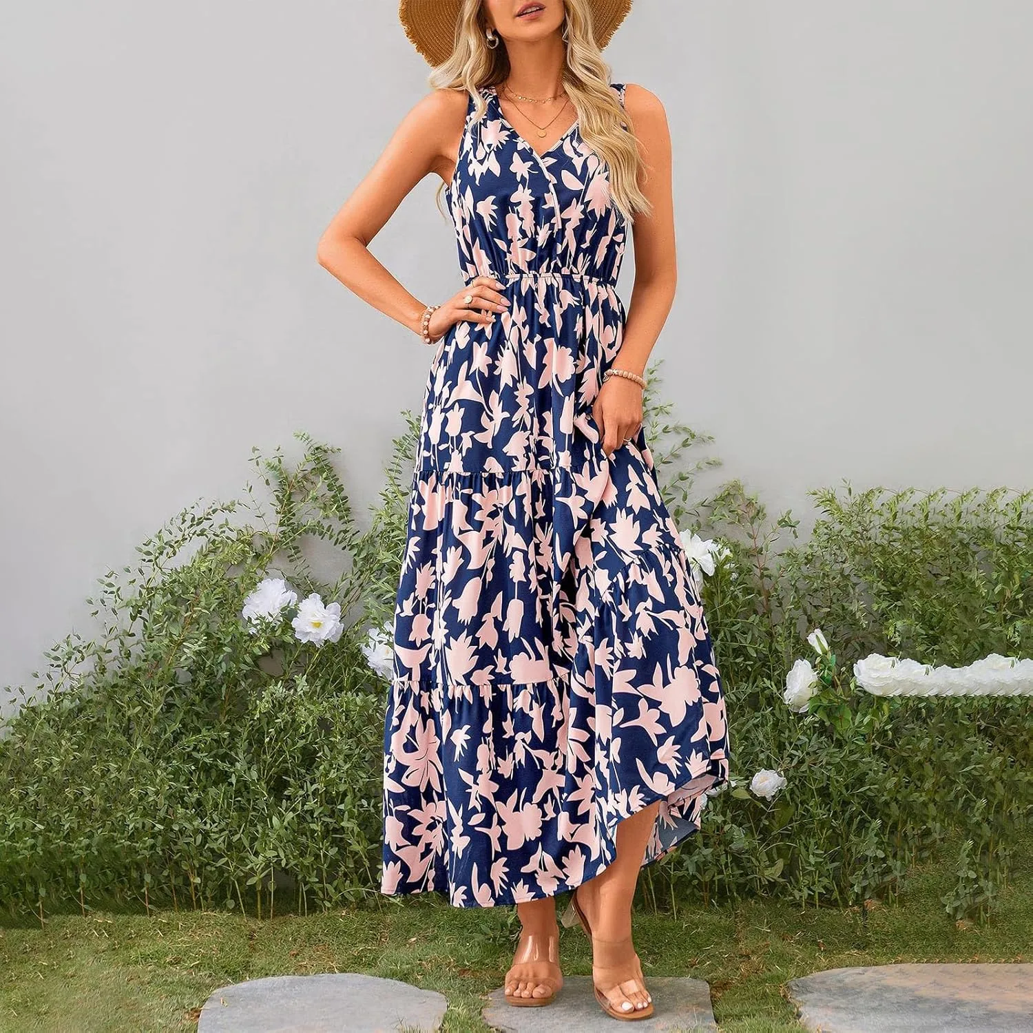 Womens Floral Maxi Dress V Neck Flowy Swing Summer A Line Dress Elastic Waist Sundress Elegant Wedding Guest Dresses