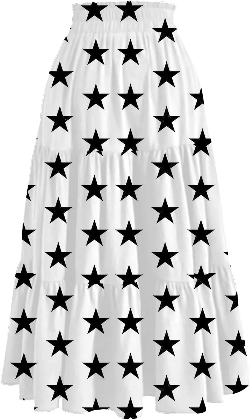 Womens Floral Midi Skirts A-Line Tiered Ruffle Boho Skirts Elastic Waist Flowy Skirt with Pockets