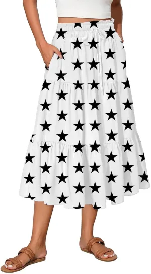 Womens Floral Midi Skirts A-Line Tiered Ruffle Boho Skirts Elastic Waist Flowy Skirt with Pockets