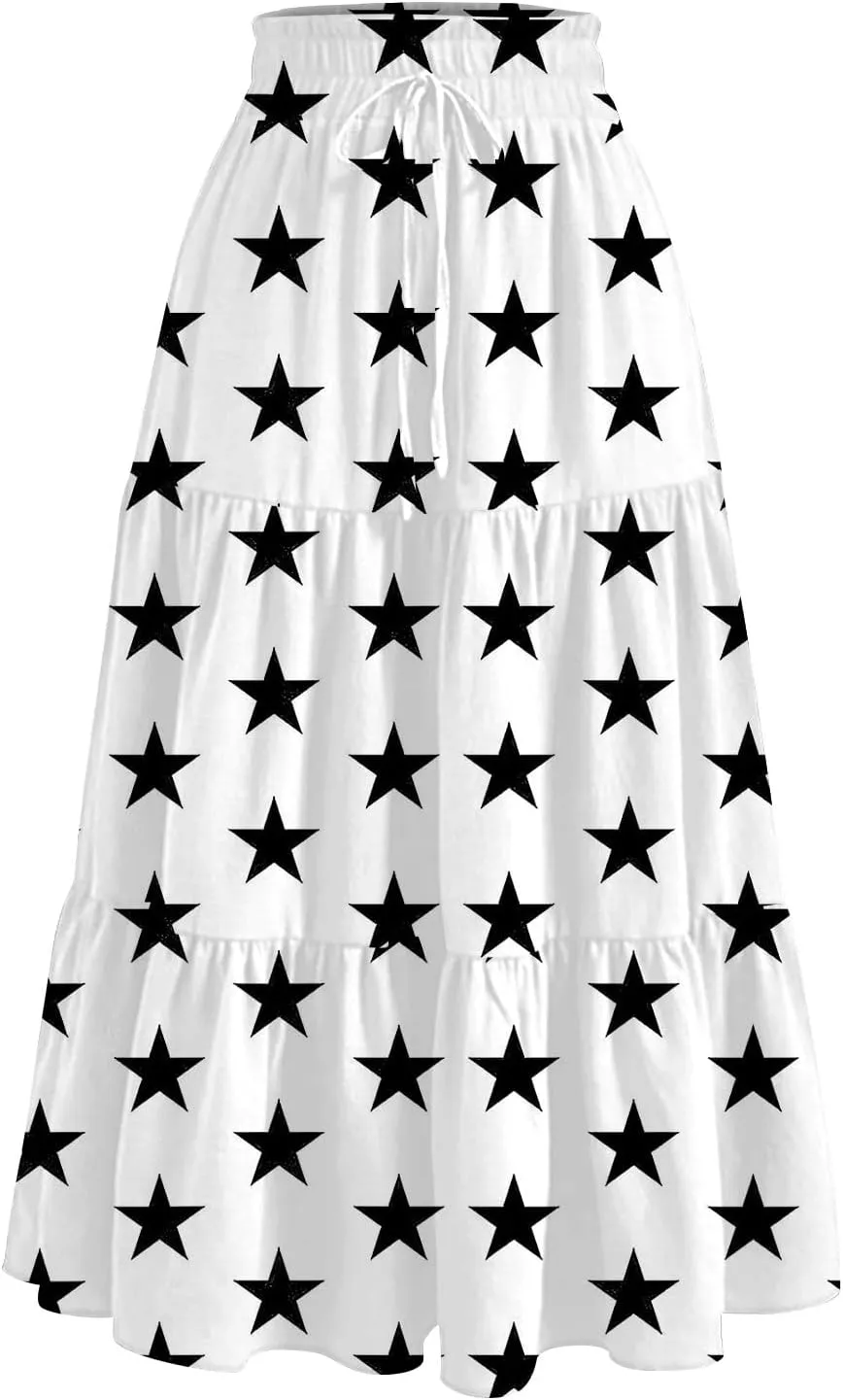 Womens Floral Midi Skirts A-Line Tiered Ruffle Boho Skirts Elastic Waist Flowy Skirt with Pockets