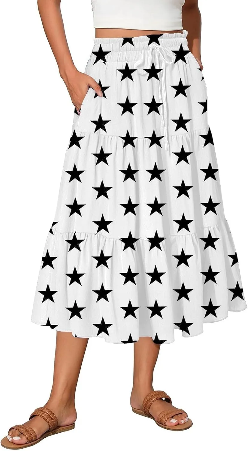 Womens Floral Midi Skirts A-Line Tiered Ruffle Boho Skirts Elastic Waist Flowy Skirt with Pockets
