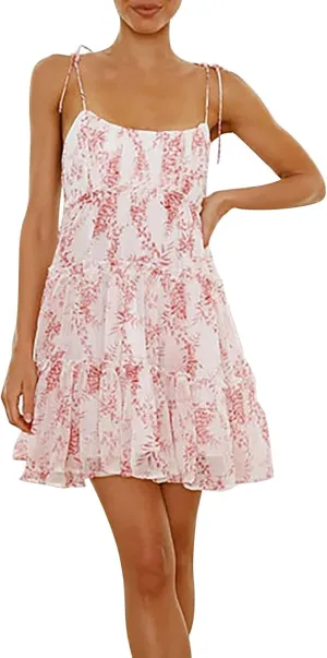 Womens Floral Mini Dress Boho Summer Spaghetti Strap Skater Dresses Sexy Sleeveless Ruffle Flowy Swing Tiered Dress