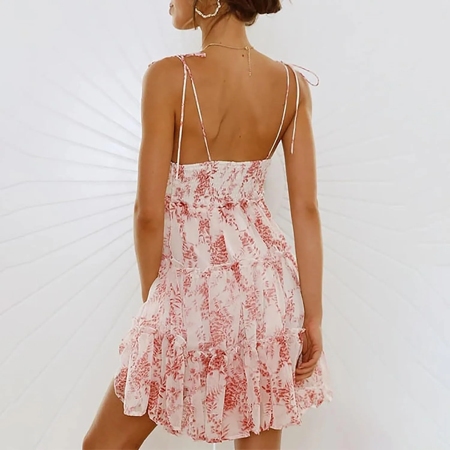 Womens Floral Mini Dress Boho Summer Spaghetti Strap Skater Dresses Sexy Sleeveless Ruffle Flowy Swing Tiered Dress