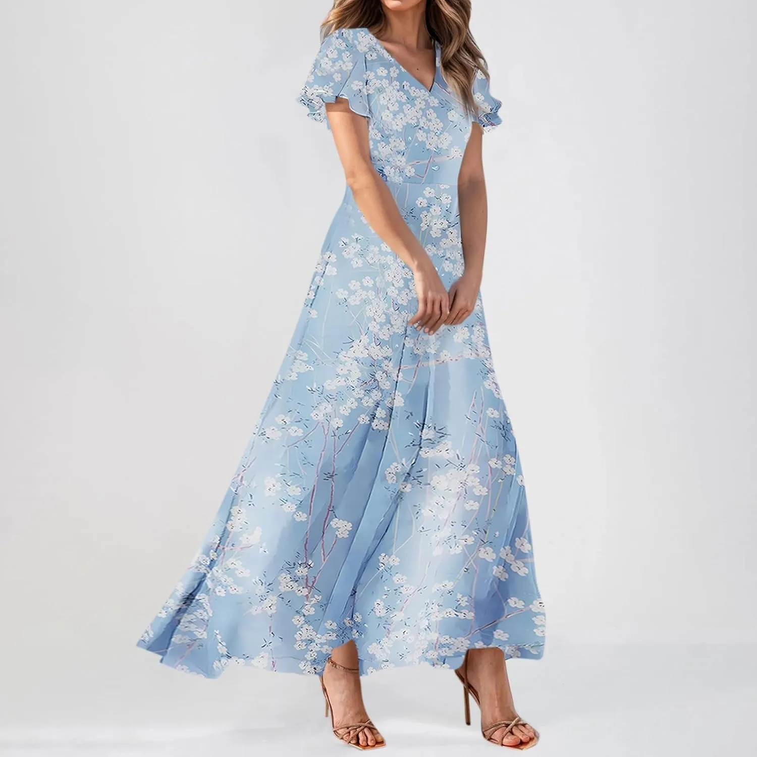 Women's Floral Print Chiffon Dress - Blue, Size S, Midi Length, Spring/Summer