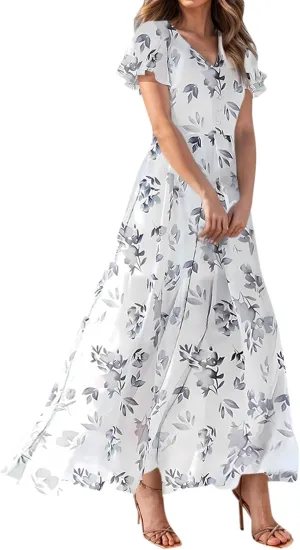 Women's Floral Print Chiffon Dress - Blue, Size S, Midi Length, Spring/Summer
