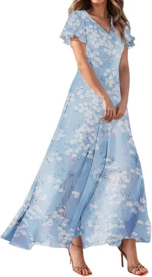 Women's Floral Print Chiffon Dress - Blue, Size S, Midi Length, Spring/Summer