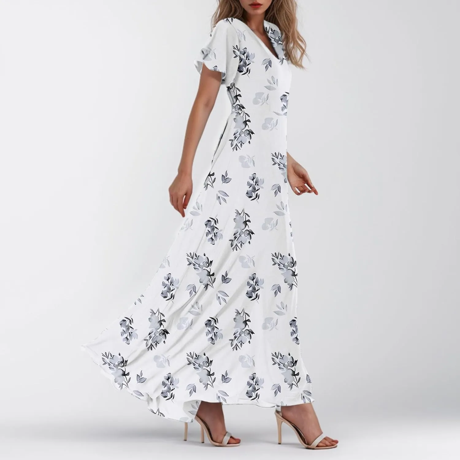 Women's Floral Print Chiffon Dress - Blue, Size S, Midi Length, Spring/Summer