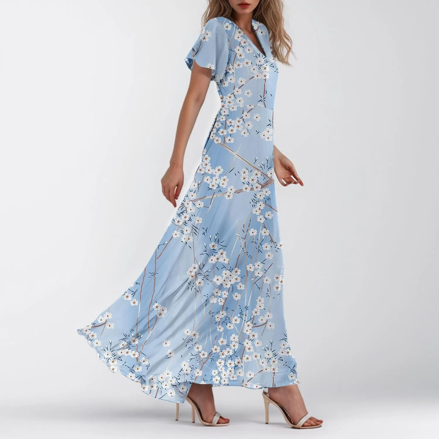 Women's Floral Print Chiffon Dress - Blue, Size S, Midi Length, Spring/Summer