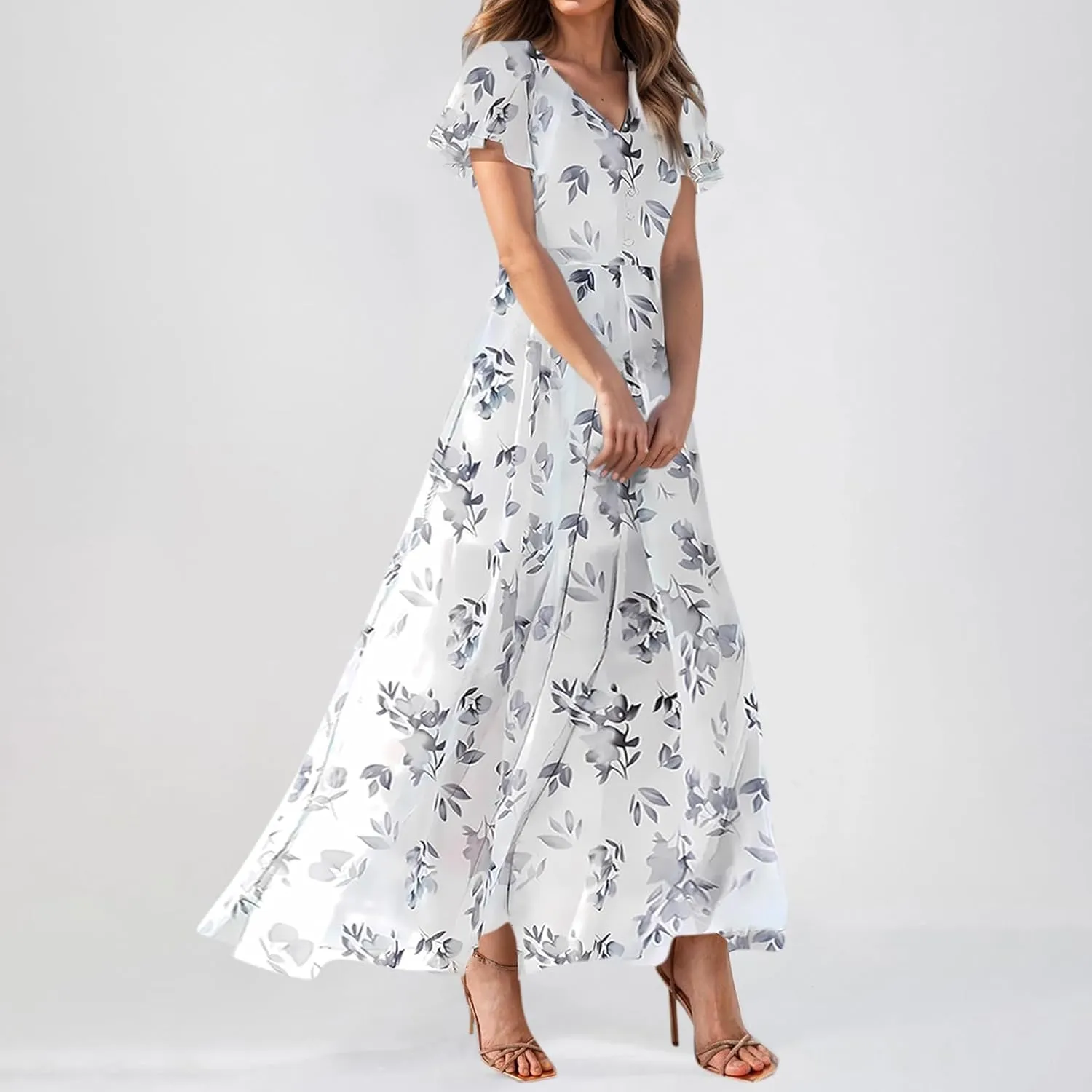 Women's Floral Print Chiffon Dress - Blue, Size S, Midi Length, Spring/Summer