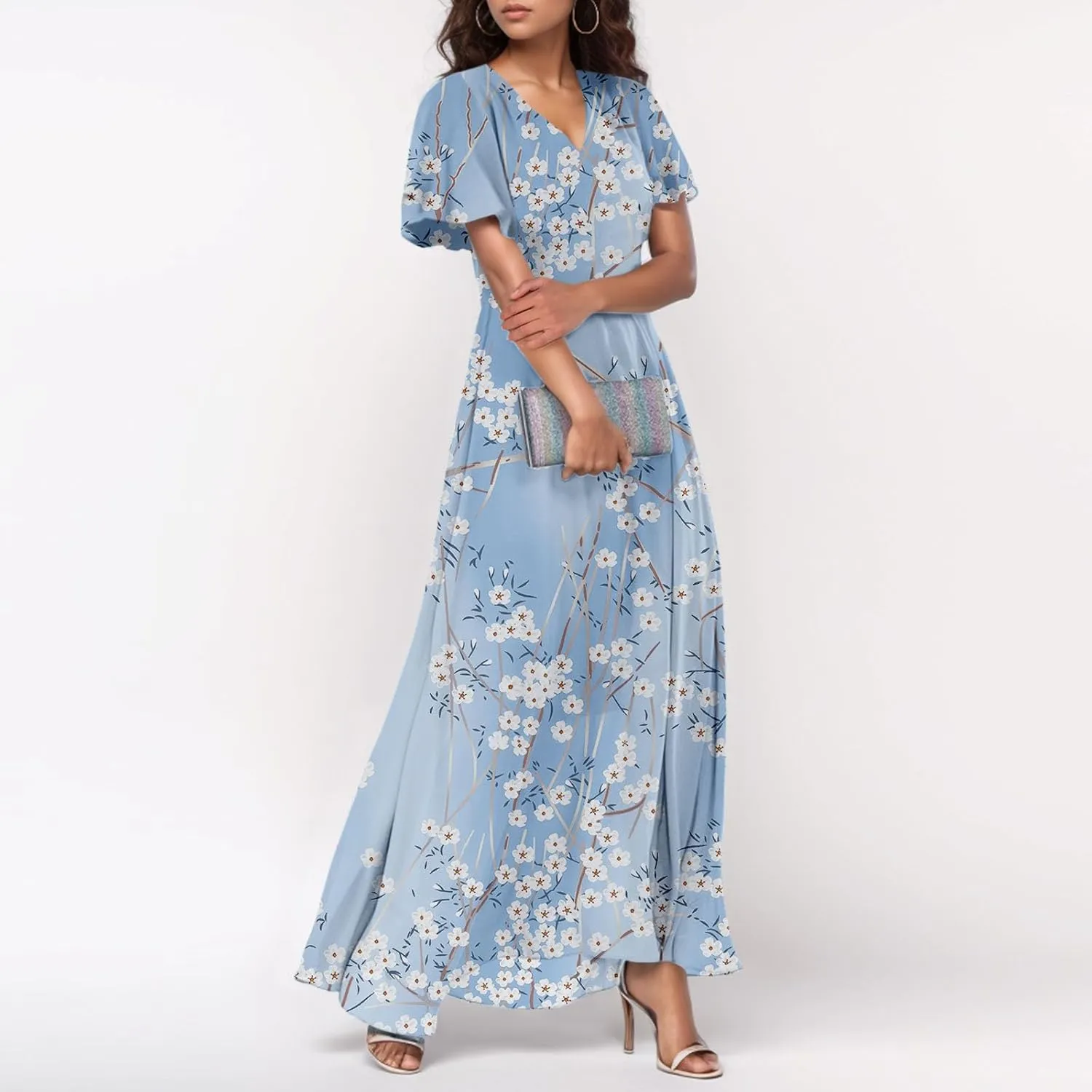Women's Floral Print Chiffon Dress - Blue, Size S, Midi Length, Spring/Summer